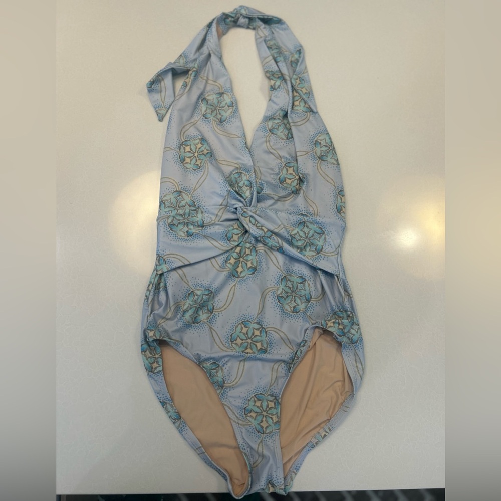 Light Blue Floral Twist Halter One-Piece Swimsuit